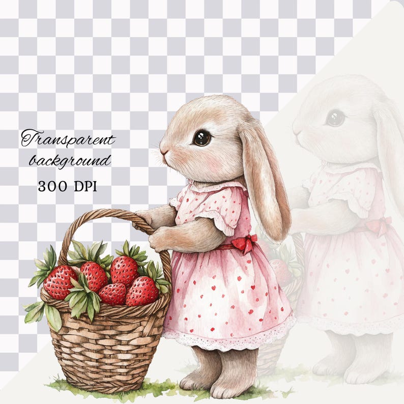 K&ouml;nnte beinhalten: Aquarell-Illustration eines Hasen in einem rosa Kleid mit roten Herzmustern, der einen geflochtenen Korb mit Erdbeeren tr&auml;gt. Der Text "Transparent background 300 DPI" ist sichtbar.