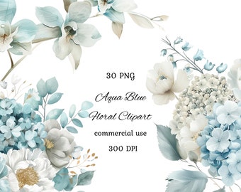 Aqua floral watercolor clipart png bundle, aqua blue floral clipart, wedding clipart, boho floral clipart, commercial use
