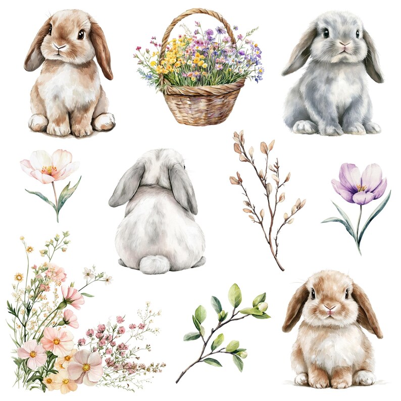 Watercolor Spring Bunny Clipart Png Bundle, Easter Bunny Clipart ...