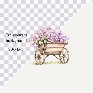 May include: A watercolor painting of a wooden wagon filled with purple lilac flowers. The wagon has two wheels and is sitting on a green grassy surface.