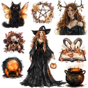 Samhain watercolor clipart png bundle, celtic neopagan wiccan clipart, witchcraft, witch clipart, commercial use, scrapbooking, junk journal image 4