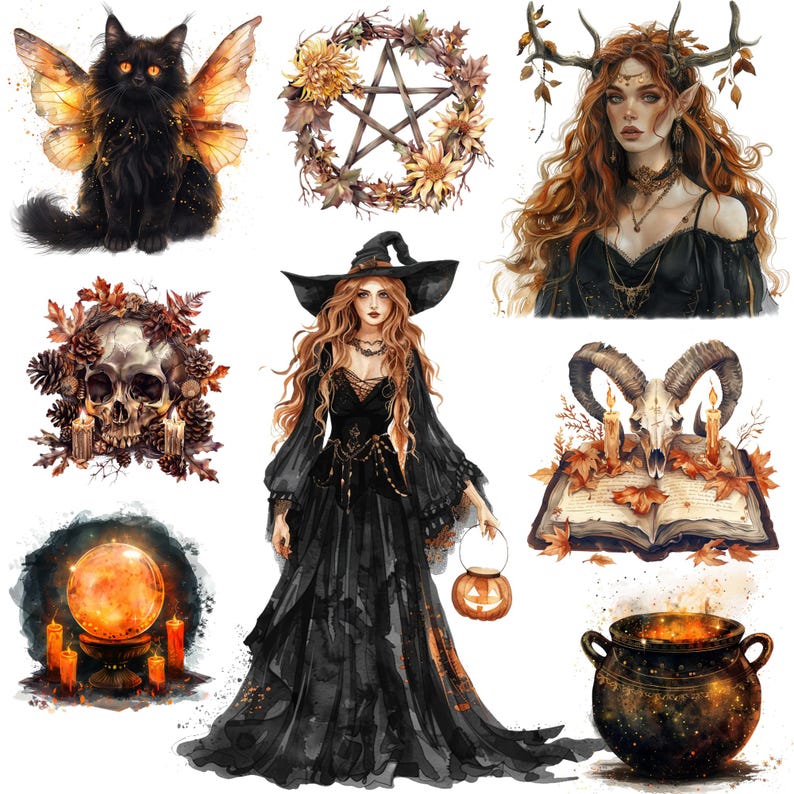 Samhain watercolor clipart png bundle, celtic neopagan wiccan clipart, witchcraft, witch clipart, commercial use, scrapbooking, junk journal image 4
