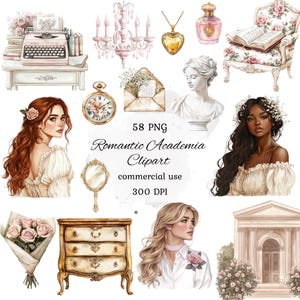 Paquete de imágenes prediseñadas de la academia romántica de acuarela, imágenes prediseñadas románticas, imágenes prediseñadas vintage, png femenino, cottagecore romántico, álbum de recortes