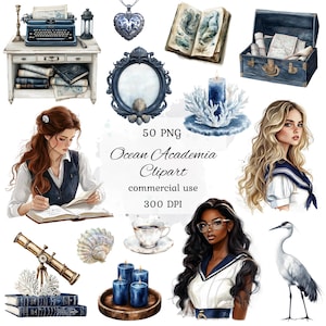 Ocean academia clipart png-bundel, aquarel ocean clipart, dark academia clipart, marine clipart, nautisch, commercieel gebruik, scrapbooking