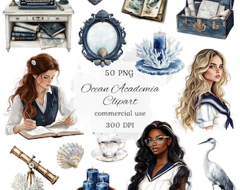 Ocean academia clipart png bundle, watercolor ocean clipart, dark academia clipart, marine clipart, nautical, commercial use, scrapbooking