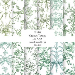 Grönt toile de jouy sömlöst mönster, grönt chinoiseriepapper, fransk toile, grön toile-tapet, grönt blommönster, grönt och vitt
