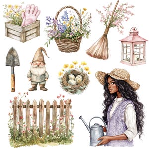 May include: A watercolor illustration of a garden scene with a variety of elements, including a gnome, a bird's nest with eggs, a picket fence, a watering can, a broom, a lantern, a basket of flowers, and a woman with long dark hair wearing a straw hat.