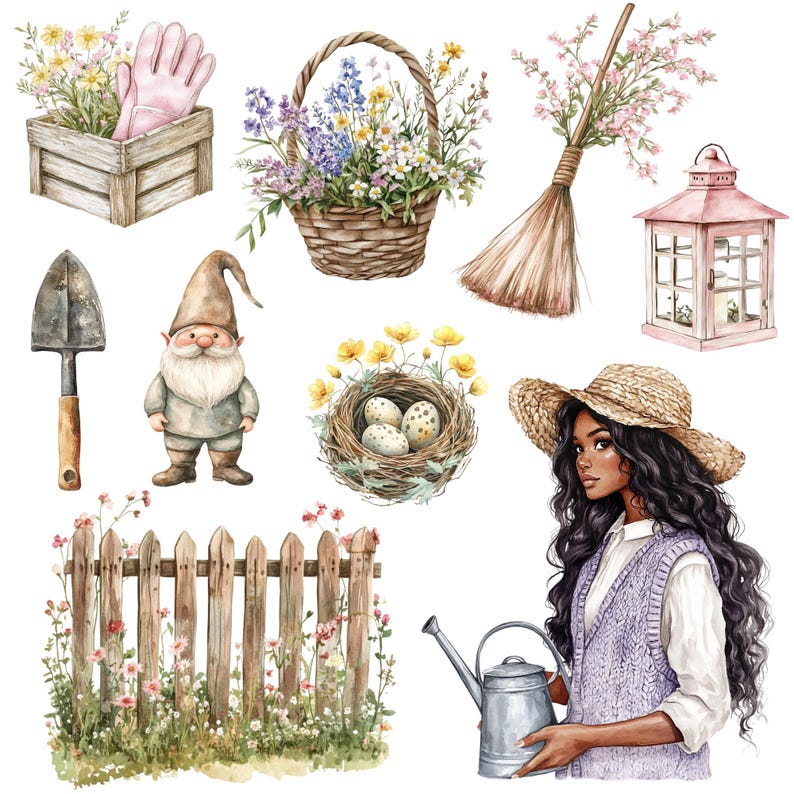 May include: A watercolor illustration of a garden scene with a variety of elements, including a gnome, a bird's nest with eggs, a picket fence, a watering can, a broom, a lantern, a basket of flowers, and a woman with long dark hair wearing a straw hat.