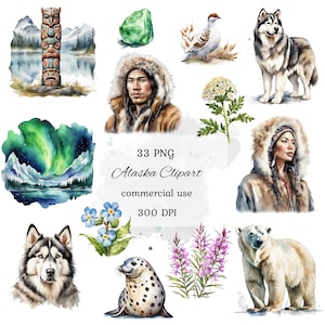 Alaska watercolor clipart bundle, alaska png, alaska state, nature clipart, animal clipart, travel clipart, commercial use