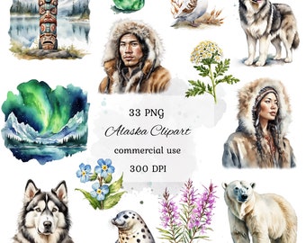 Lot de cliparts aquarelle de l'Alaska, Alaska png, état de l'Alaska, clipart nature, clipart animal, clipart de voyage, usage commercial