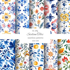 Aquarelle transparente motif carreaux siciliens, carreaux bleus et blancs, papier méditerranéen, carreaux italiens, été sans couture, motifs citrons siciliens
