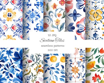 Watercolor sicilian tile seamless pattern, blue and white tile, mediterranean paper, italian tile, summer seamless, sicilian lemons patterns