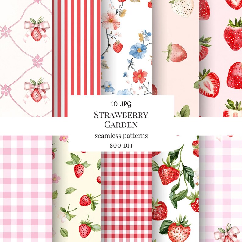 Peut inclure: Dix motifs num&eacute;riques sans couture sur le th&egrave;me du jardin de fraises. Les motifs comprennent des fraises, des motifs floraux, du vichy et des rayures verticales en rouge, rose et blanc. Le texte indique "STRAWBERRY GARDEN seamless patterns 300 DPI".