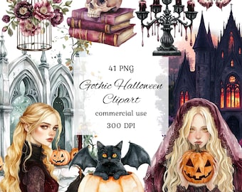 Bundle aquarelle gothique halloween clipart png, clipart sorcellerie, sorcellerie gothique png, clipart magique, crâne gothique halloween, scrapbooking