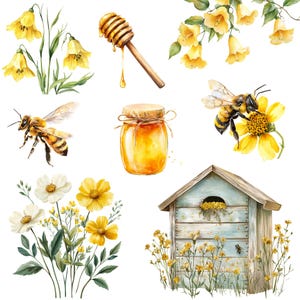 May include: Watercolor illustration of a beehive, bees, honey, and flowers. The beehive is a small wooden structure with a blue roof. There are two bees, one flying and one on a flower. There is a jar of honey and a honey dipper. The flowers are yellow and white.