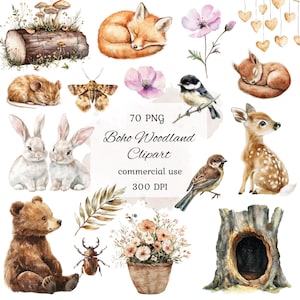 Aquarelle boho animaux des bois clipart, clipart créatures des bois, clipart bébé des bois, animaux de la forêt boho, art de la chambre d'enfant, scrapbooking
