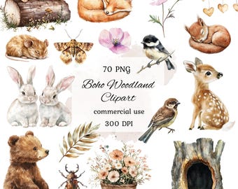 Watercolor boho woodland animals clipart, woodland creatures clipart, baby woodland clipart, boho forest animals, nursery art, scrapbooking