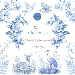 Blue chinoiserie clipart png bundle, chinoiserie floral clipart, chinoiserie bow, chinoiserie peacock, toile de jouy, scrapbooking