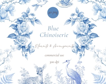Paquete de imágenes prediseñadas de chinoiserie azul, imágenes prediseñadas florales de chinoiserie, lazo de chinoiserie, pavo real de chinoiserie, tela de Jouy, scrapbooking
