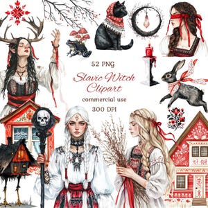Może przedstawiać: Zestaw cyfrowych clipartów z akwarelowymi ilustracjami słowiańskich wiedźm, czarnego kota, królika, żaby i innych mistycznych elementów. Zestaw zawiera obrazy kobiet w tradycyjnych strojach, domu i laski. Widoczny jest tekst "Slavic Witch Clipart".