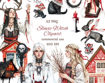 Watercolor slavic witch clipart png bundle, baba yaga, slavic folklore junk journal, scrapbooking