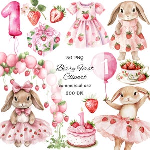 K&ouml;nnte beinhalten: Eine Sammlung von Aquarellillustrationen zum Thema 'Berry First'. Enth&auml;lt einen rosa Ballon mit der Zahl 1, ein Kleid mit Erdbeermuster, eine Geschenkbox, eine Teetasse, einen Kuchen und Hasenfiguren in Kleidern mit Erdbeerakzenten.