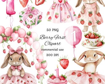 May include: A collection of watercolor illustrations featuring a 'Berry First' theme. Includes a pink number one balloon, a strawberry-decorated dress, a gift box, a teacup, a cake, and bunny characters in dresses with strawberry accents.