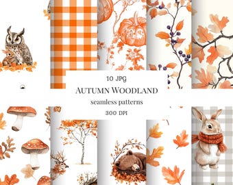 Aquarell Herbst Wald Tiere Muster, Pilz, Reh, Bär, Eule, Blätter, Herbst Wald digitales Papier, Junk Journal Hintergrund