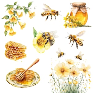 May include: Watercolor illustration of honeybees, honeycomb, and wildflowers. The illustration features a jar of honey, a wooden honey dipper, and a plate with honeycomb. The bees are flying around the flowers and the honeycomb.