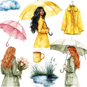 May include: A watercolor illustration of a rainy day with a woman wearing a yellow raincoat and holding an umbrella, another woman wearing a green raincoat and holding an umbrella, a cup of coffee, a puddle of water, and a yellow raincoat hanging on a hanger.