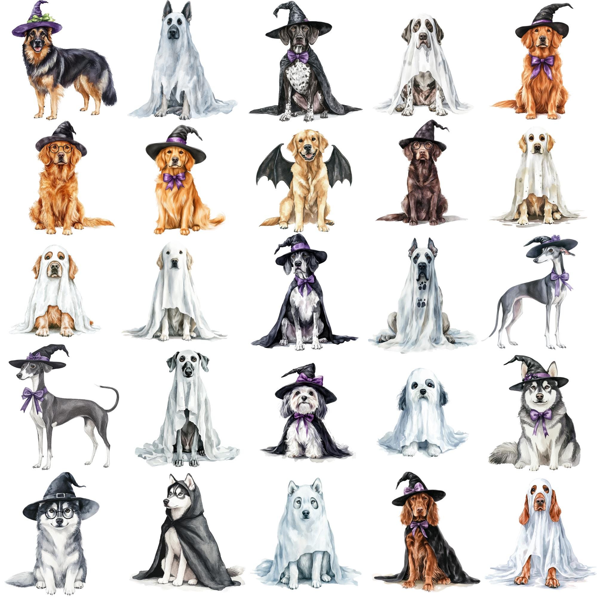 Watercolor Cute Halloween Dogs Clipart Png Bundle, Ghost Dogs in ...