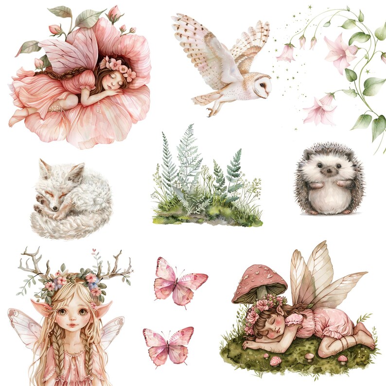 Watercolor Pink Fairy Garden Clipart Png Bundle, Forest Fairy House ...