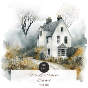 May include: A watercolour painting of a white house with a grey roof, set in a misty autumn landscape. The image features the text "Fall Landscapes Clipart" and "300 DPI". The scene depicts a country road and autumnal foliage, creating a serene atmosphere.