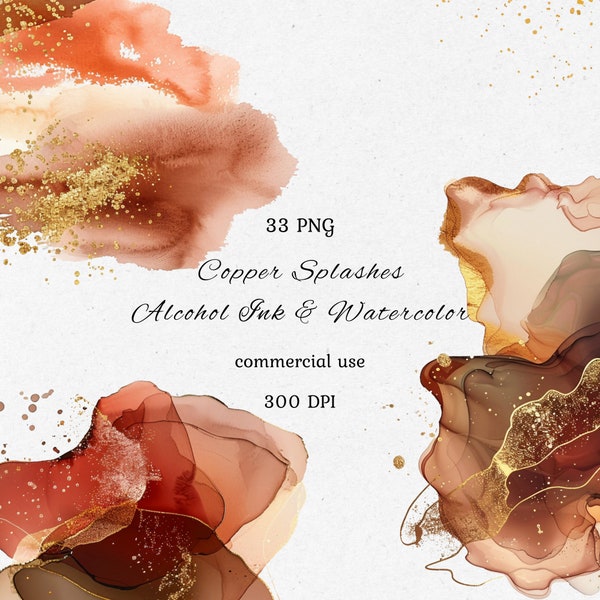 Watercolor splashes png, watercolor clipart, background png, commercial use, alcohol ink png bundle, copper