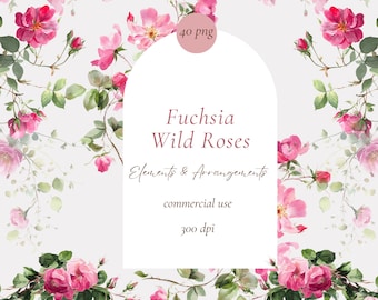 Watercolor fuchsia rose clipart png bundle, fuchsia pink flower bouquet, wedding invitation, digital download