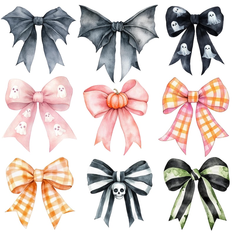 Halloween Bow Clipart Png Bundle, Watercolor Bow Clipart, Coquette Bow ...