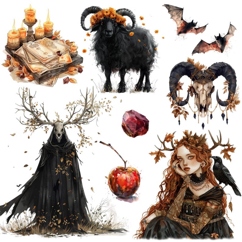 Samhain watercolor clipart png bundle, celtic neopagan wiccan clipart, witchcraft, witch clipart, commercial use, scrapbooking, junk journal image 5
