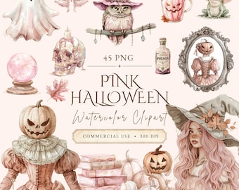 以下が含まれることがあります： ピンクを基調としたハロウィンの水彩イラスト集。ゴースト、蛾、魔女の帽子をかぶったフクロウ、カボチャのマグカップ、カエル、水晶玉、頭蓋骨、毒の小瓶、額縁に入ったカボチャのフィギュア、本、そして長いピンクの髪をした人物が描かれています。