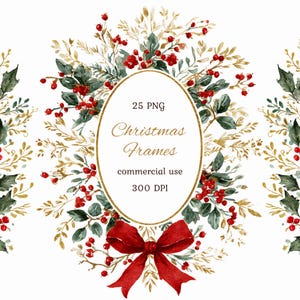 Könnte beinhalten: Aquarell-Weihnachtsrahmen mit roten Beeren, grünen Blättern und goldenen Akzenten. Das Bild enthält einen ovalen Rahmen mit dem Text "25 PNG Christmas Frames commercial use 300 DPI". Unten befindet sich eine rote Schleife.
