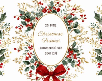 Watercolor christmas frames clipart png bundle, foliage winter greenery wreaths, digital download