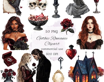 Watercolor gothic romance clipart png bundle, gothic girl clipart, black romance, gothic valentine, gothic couple clipart, scrapbooking