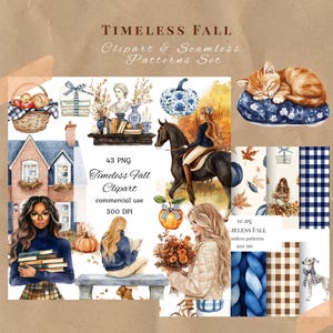 Elegant fall clipart png bundle, fall girl clipart, cozy autumn clipart, vintage fall, autumn house clipart, pumpkin clipart, scrapbooking