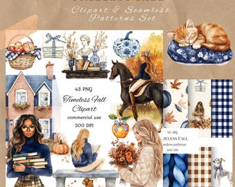 Elegant fall clipart png bundle, fall girl clipart, cozy autumn clipart, vintage fall, autumn house clipart, pumpkin clipart, scrapbooking