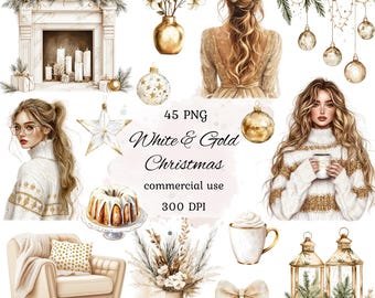 Gold christmas clipart png bundle, watercolor winter clipart, gold holiday clipart, gold decor, cozy christmas, commercial use, scrapbooking