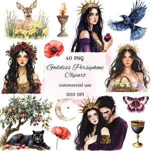 Bundle de png de cliparts Perséphone aquarelle, mythologie grecque clipart, divin féminin, clipart déesse, occulte, scrapbooking