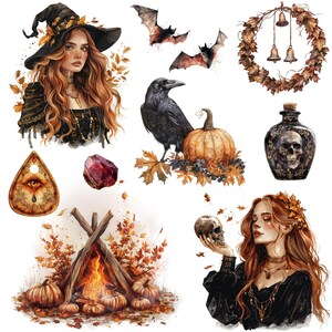 Samhain watercolor clipart png bundle, celtic neopagan wiccan clipart, witchcraft, witch clipart, commercial use, scrapbooking, junk journal image 3
