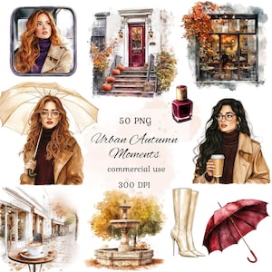 Op de afbeelding: Een set van 50 digitale illustraties met stedelijke herfstscènes. De illustraties omvatten een vrouw met rood haar, een vrouw met lang zwart haar, een rode deur, een café, een fontein, een rode paraplu en een paar witte laarzen. De illustraties zijn in aquarelstijl en perfect voor het maken van herfstthema-ontwerpen.