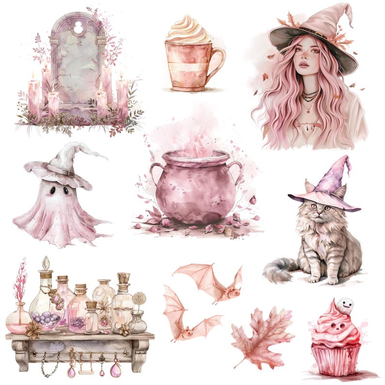 Pink Halloween Clipart Png Bundle, Pastel Halloween, Watercolor ...