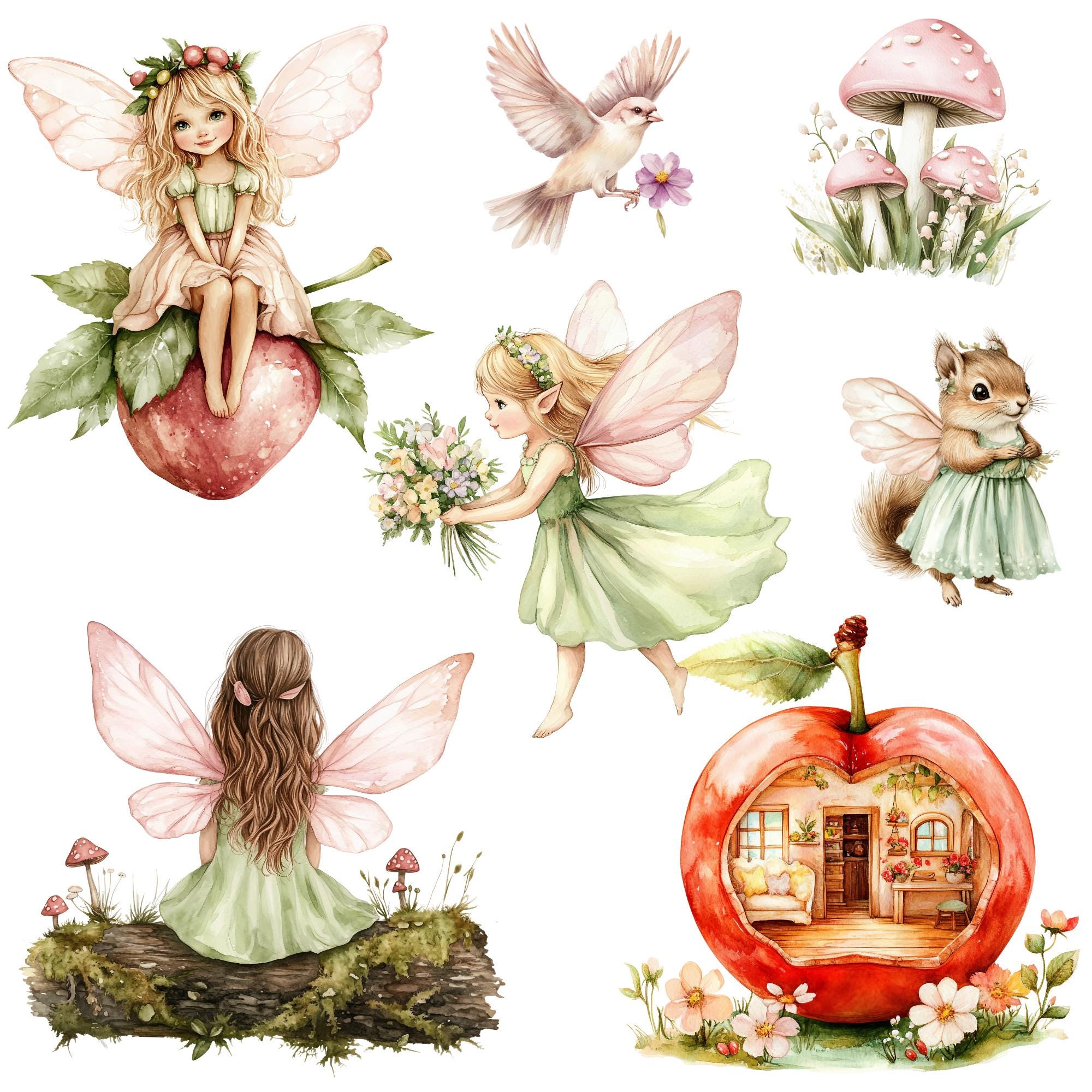Watercolor Spring Fairy Clipart Png Bundle, Pink Fairy Clipart, Magical ...