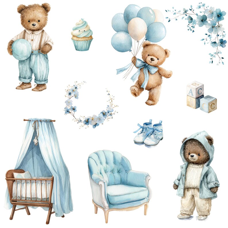 Watercolor Blue Teddy Bear Clipart Png Bundle, Baby Teddy Bear Blue ...